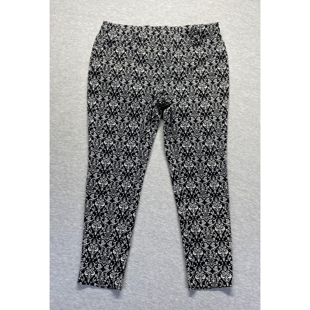 Terra & Sky Ankle Pants Womens 1X Black White Damask Print Cotton Skinny Leg